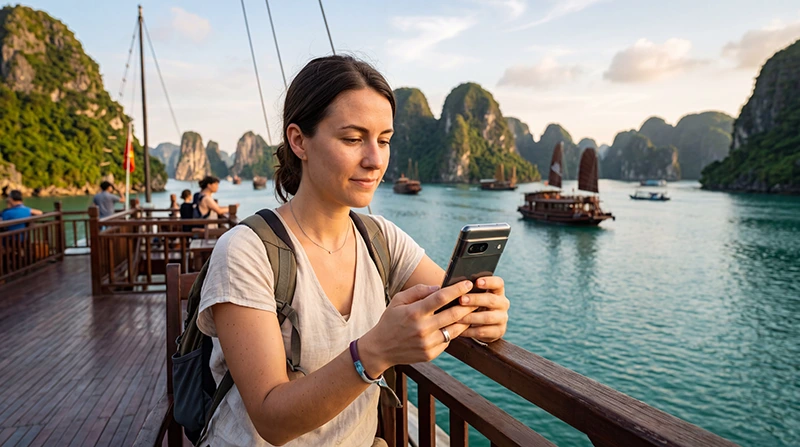 Traveler using an eSIM for mobile internet while traveling in Vietnam