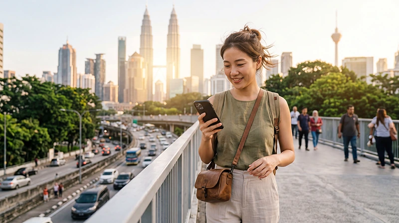 Traveler using a Malaysia eSIM for mobile internet while exploring Kuala Lumpur