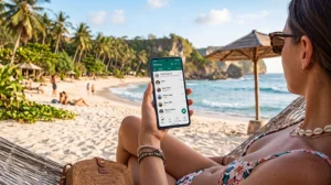 Traveler using an Indonesia eSIM on Android phone while visiting Bali