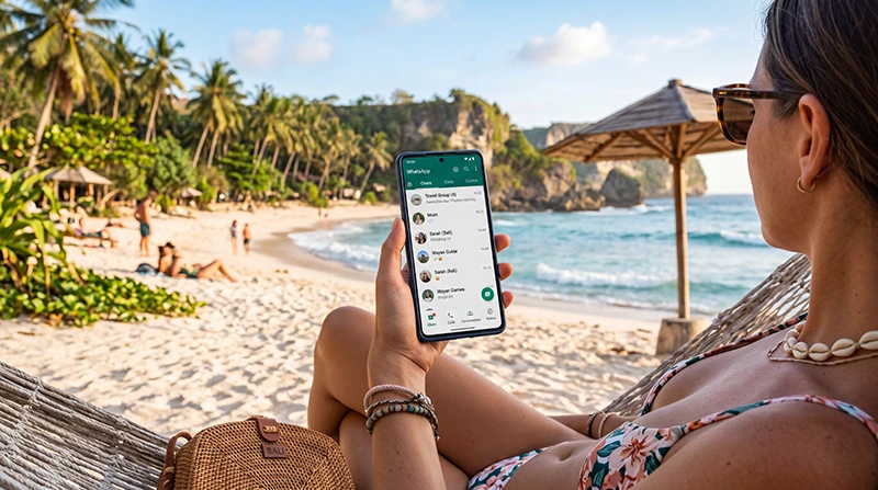 Traveler using an Indonesia eSIM on Android phone while visiting Bali