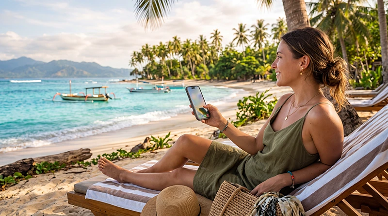 Traveler using an Indonesia eSIM on iPhone while visiting Bali