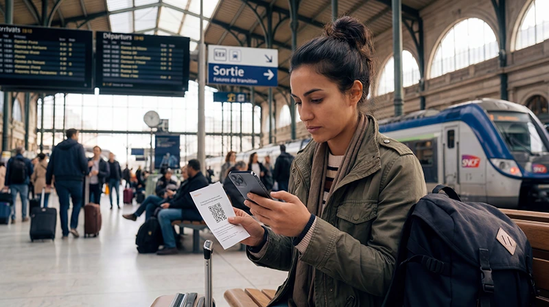 Traveler installing France eSIM on smartphone before traveling to France