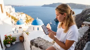 Tourist installing a Greece eSIM on a smartphone before traveling