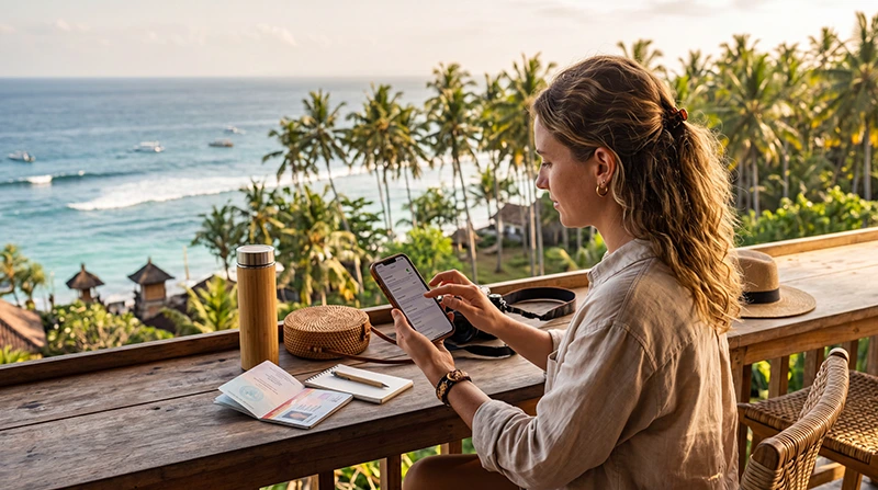Traveler installing an Indonesia eSIM on a smartphone before traveling to Bali