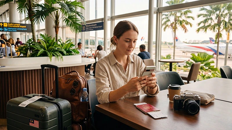 Traveler installing a Malaysia eSIM on a smartphone before departure