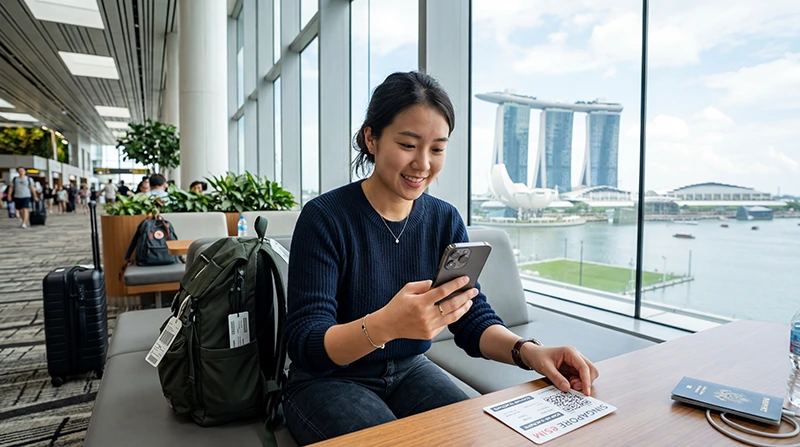 Traveler installing Singapore eSIM on smartphone before trip for mobile internet in Singapore