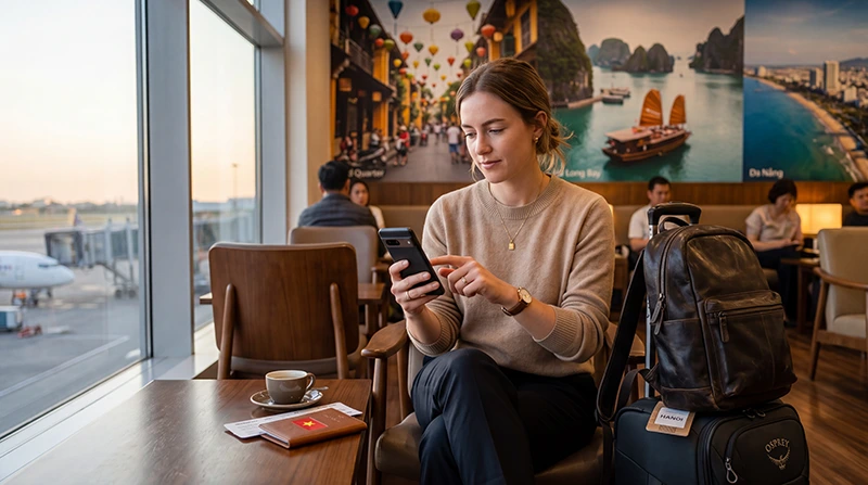 Traveler installing a Vietnam eSIM on a smartphone before departure