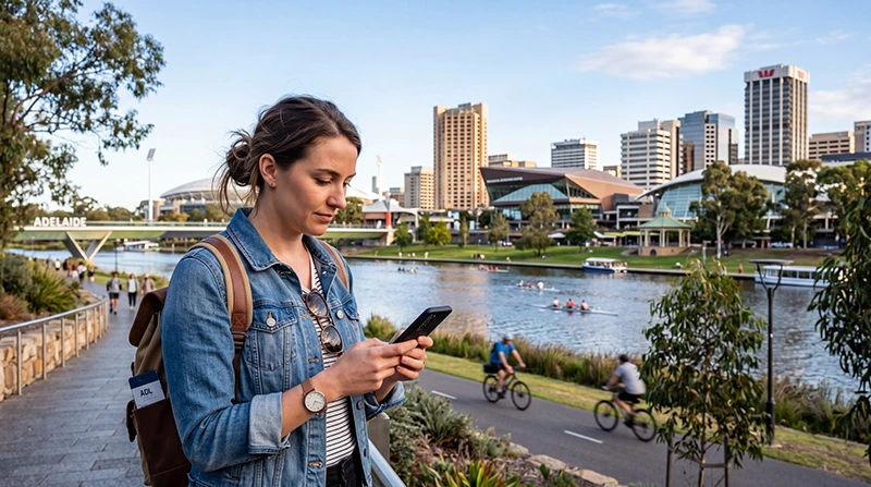 Tourist using mobile internet while exploring Adelaide Australia