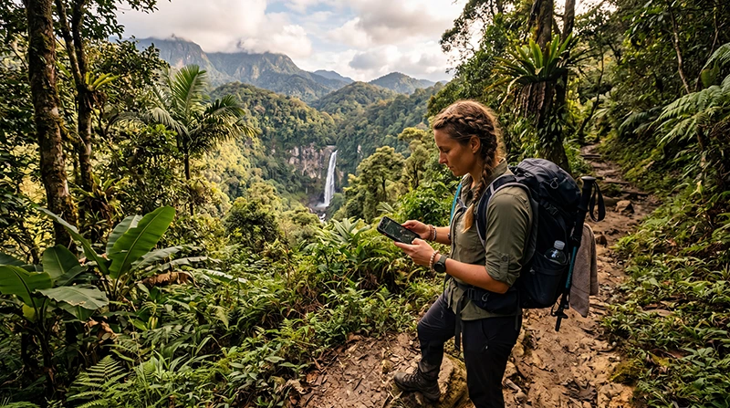Adventure traveler using mobile internet while exploring nature in Malaysia