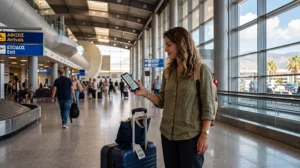 Tourist using internet at Athens Airport after arriving in Greece