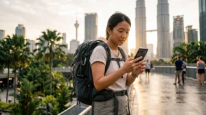 Backpacker using mobile internet while traveling across Malaysia