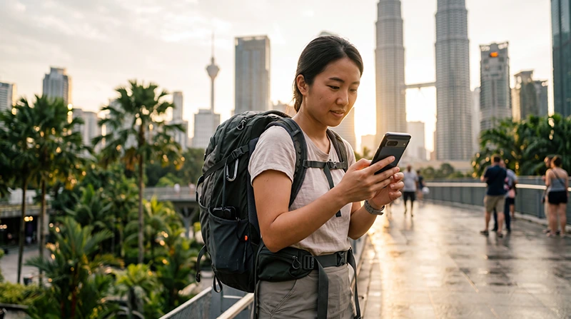 Backpacker using mobile internet while traveling across Malaysia