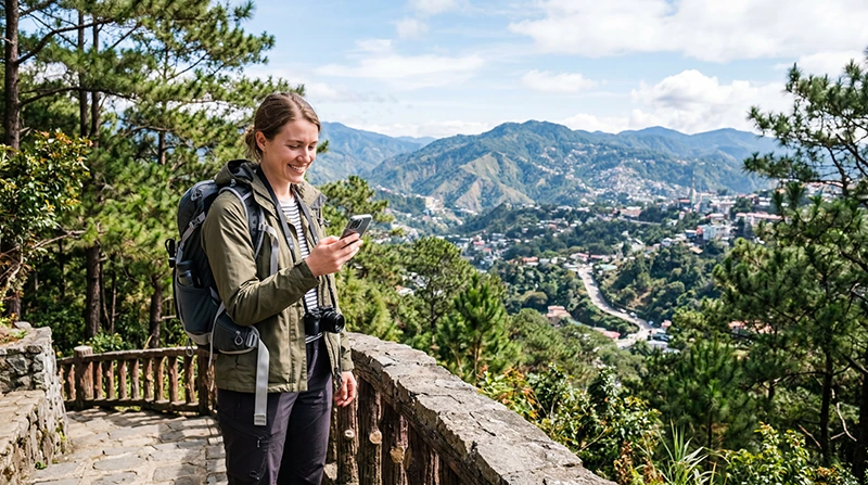 Tourist using mobile internet while exploring Baguio City in the Philippines