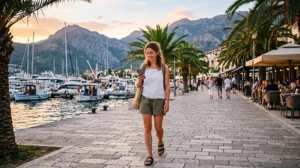 Tourist using mobile internet while exploring Bar in Montenegro