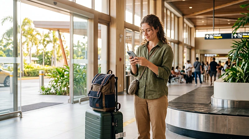 Traveler using mobile internet after arriving at Bohol Panglao International Airport in the Philippines