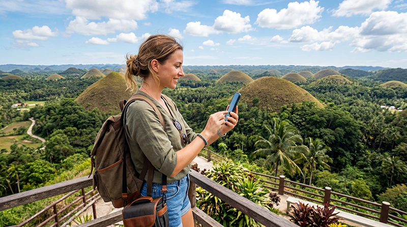 Tourist using mobile internet while exploring Bohol and the Chocolate Hills in the Philippines