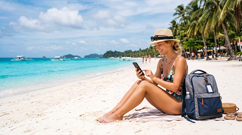 Tourist using mobile internet while relaxing on White Beach in Boracay, Philippines