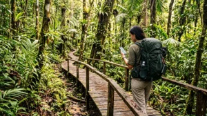 Traveler using mobile internet while exploring the rainforests of Malaysian Borneo