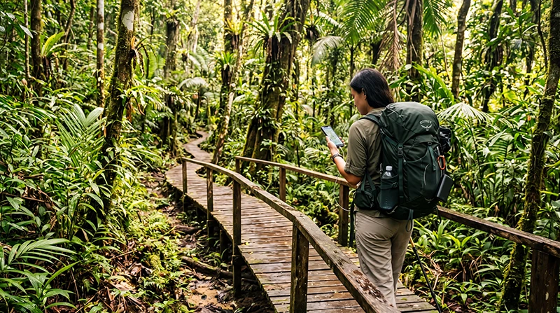 Traveler using mobile internet while exploring the rainforests of Malaysian Borneo