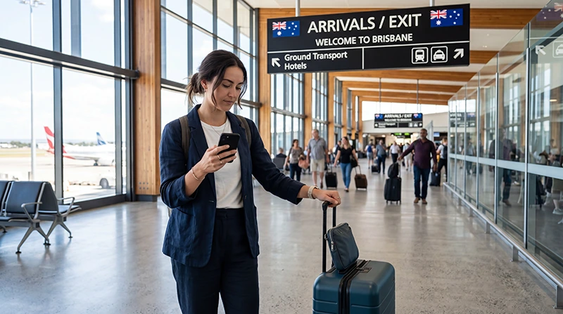 Traveler accessing mobile internet at Brisbane Airport after arriving in Australia