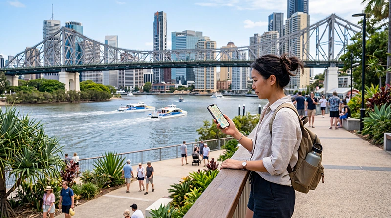 Tourist using mobile internet while exploring Brisbane Australia
