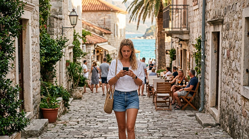 Tourist using mobile internet while exploring Budva Old Town in Montenegro