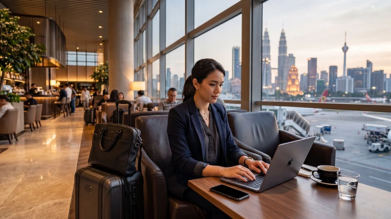 Business traveler using mobile internet while traveling in Malaysia
