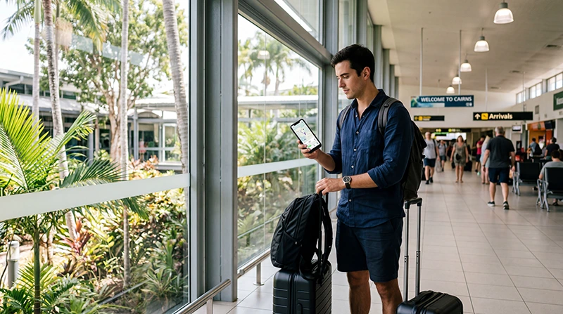 Traveler accessing mobile internet at Cairns Airport after arriving in Australia