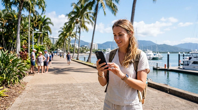 Tourist using mobile internet while exploring Cairns and the Great Barrier Reef in Australia
