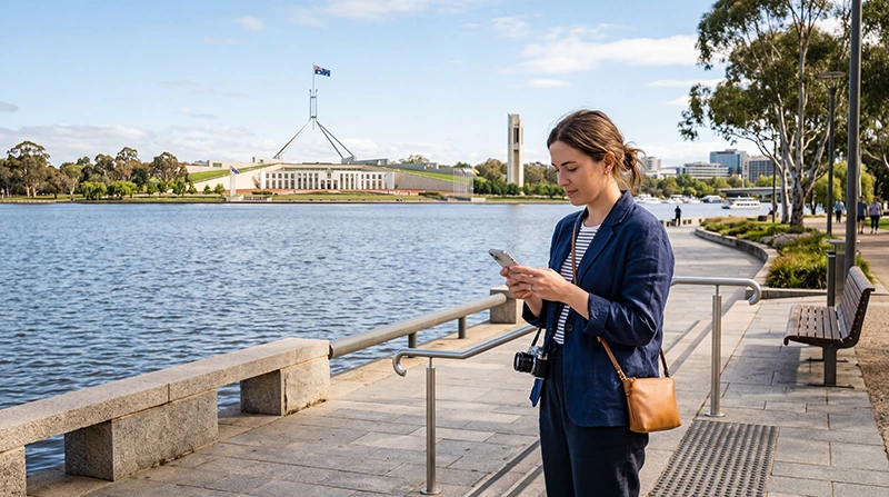 Tourist using mobile internet while exploring Canberra Australia