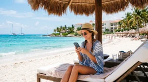 Tourist using smartphone with mobile internet during a beach vacation in Cancun Mexico
