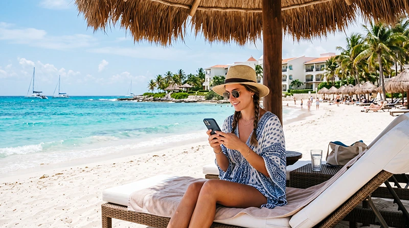 Tourist using smartphone with mobile internet during a beach vacation in Cancun Mexico