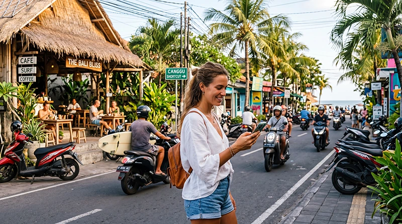 Tourist using mobile internet on a smartphone while exploring Canggu in Bali, Indonesia