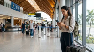 Traveler using mobile internet after arriving at Cebu Airport in the Philippines
