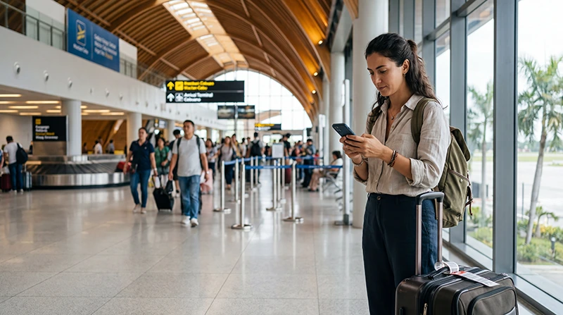 Traveler using mobile internet after arriving at Cebu Airport in the Philippines