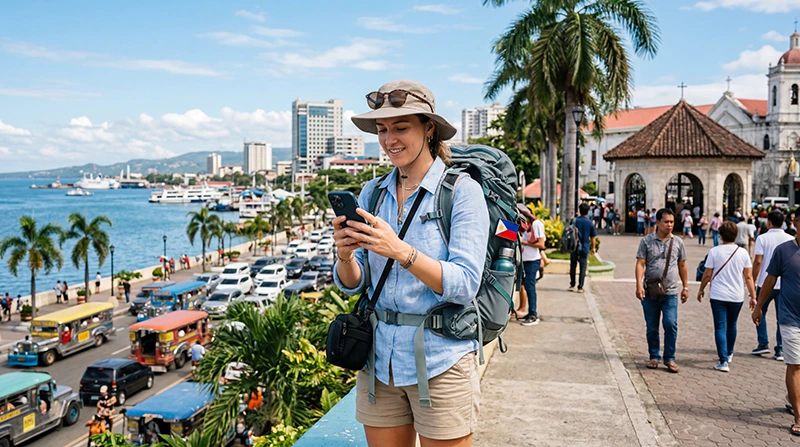 Tourist using mobile internet while exploring Cebu in the Philippines