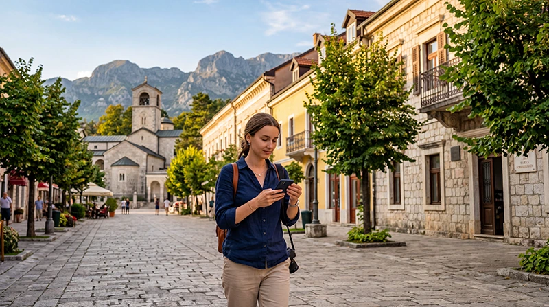 Tourist using mobile internet while exploring Cetinje in Montenegro