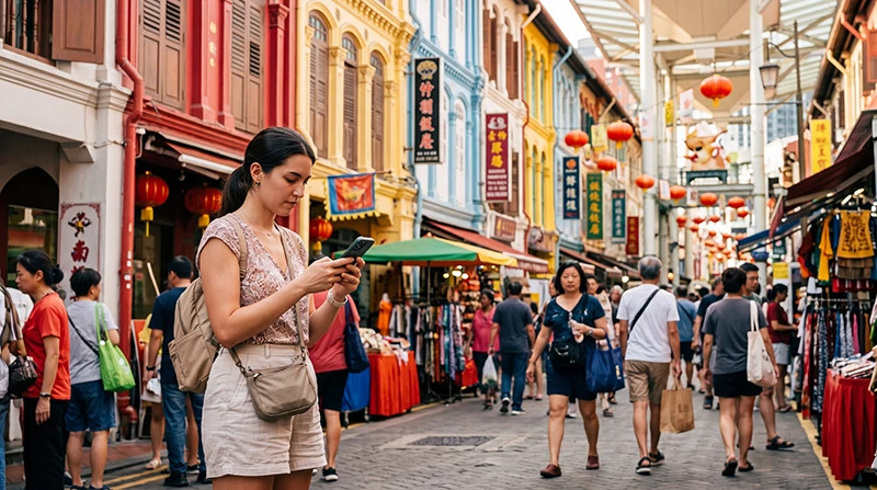 Tourist using mobile internet in Singapore Chinatown with eSIM for maps, restaurants and travel apps