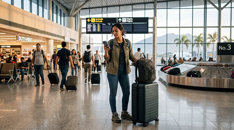 Traveler using mobile internet after arriving at Clark International Airport in the Philippines