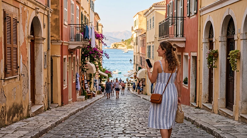 Tourist using mobile internet in Corfu Old Town during a summer holiday