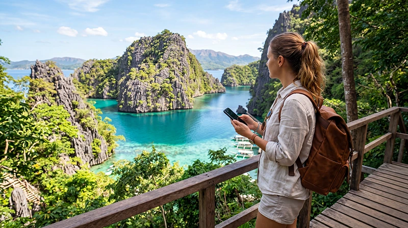Tourist using mobile internet while exploring Coron in Palawan, Philippines