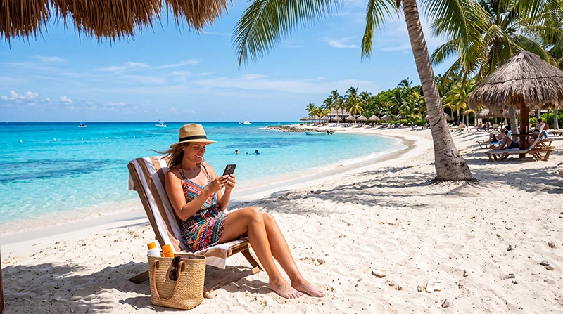 Tourist using smartphone with mobile internet near the beaches of Cozumel Mexico