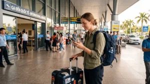 Traveler using mobile internet after arriving at Da Nang Airport in Vietnam