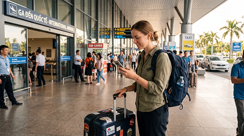 Traveler using mobile internet after arriving at Da Nang Airport in Vietnam