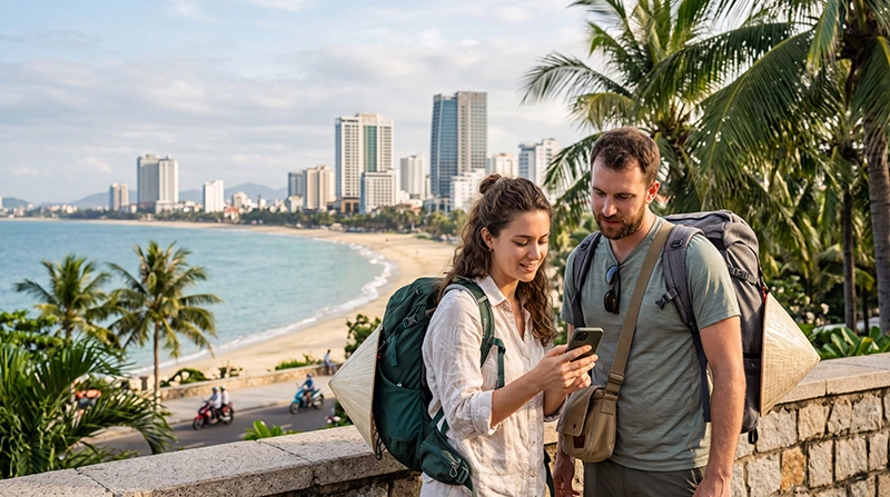 Tourists using mobile internet while exploring Da Nang in Vietnam