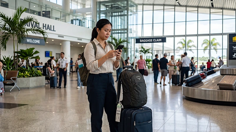 Traveler using mobile internet after arriving at Davao International Airport in the Philippines