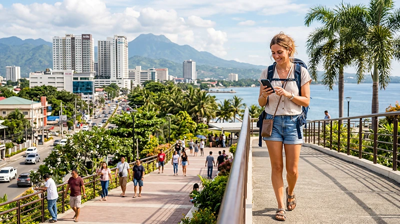 Tourist using mobile internet while exploring Davao City in the Philippines