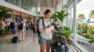 Traveler using mobile internet on a smartphone after arriving at Denpasar Airport in Bali, Indonesia