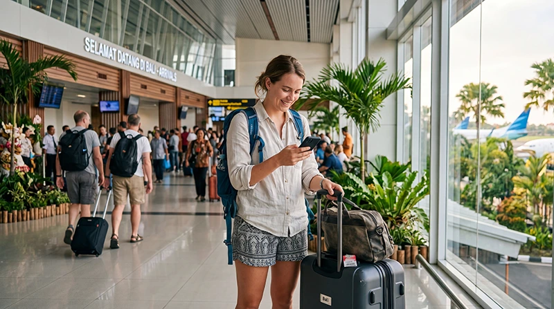 Traveler using mobile internet on a smartphone after arriving at Denpasar Airport in Bali, Indonesia