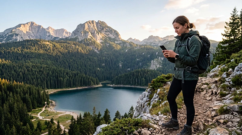 Hiker using mobile internet while exploring Durmitor National Park in Montenegro